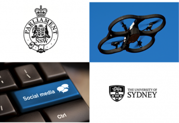 NSW parliament and University of Sydney logos, drone and keyboard collage