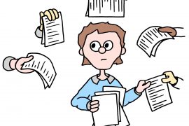 Cartoon illustration of a person holding a pile of paper and receiving written paper from different hands surrounding her.