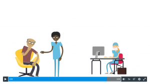 Screen grab from animated video showing patient interacting with doctors at hospital