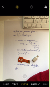 Piece of paper captured using a makeshift visualiser with ideas for using a smartphone as a visualsier - drawing a diagram, complex calculations, demonstrating objects, etc.