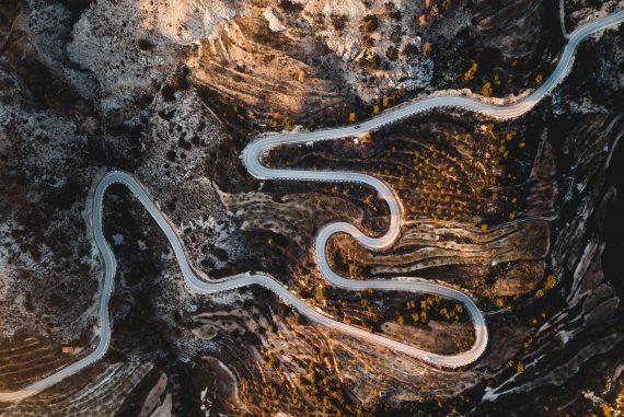 Aerial shot of winding road