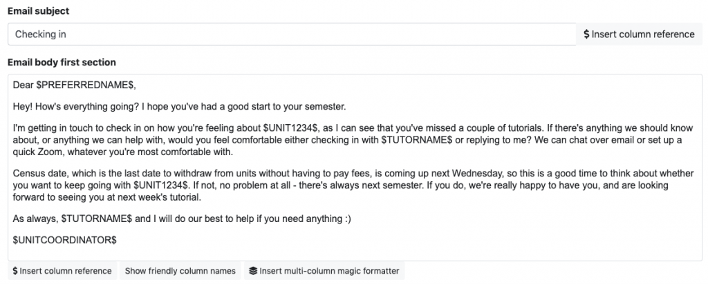 A targeted email sent to students who haven't attended tutorials using SRES.