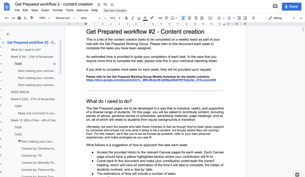 Google Doc ‘scaffold’ used for Get Prepared Content Creation