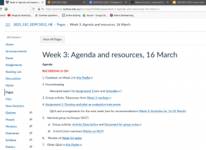 Screenshot of Canvas page with Week 3 Agenda and resources. A numbered list of clickable links to the resources needed for class that week.