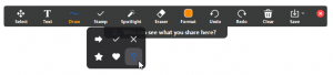 Screenshot of Zoom's screen share annotation toolbar showing the stamps menu expanded.