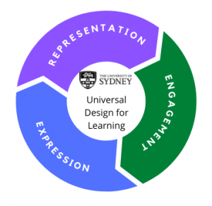 This image shows 3 segments of a circle representing the 3 parts of UDL, representation, engagement and expression