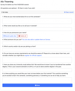 image showing a short getting to know you survey designed in SRES