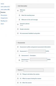 two well laid-out module pages in Canvas, showing a module for unit information (and associated pages) and a module for resources related to Session 1 (and associated pages)