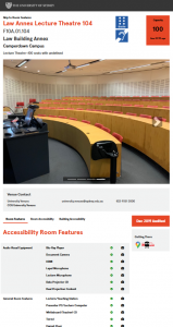 Screenshot of venues information webpage showing image of lecture theatre and AV room features list.