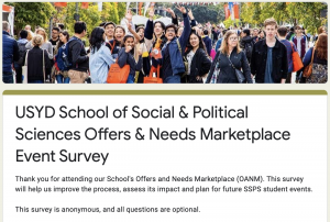 Offers and Needs Market event survey with image of students cheering.