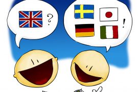 Two cartoon figures, one has a speech bubble with an English flag above their head, the other has a speech bubble with Swedish, Japanese, German and French flags above their head.