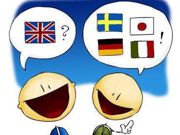 Two cartoon figures, one has a speech bubble with an English flag above their head, the other has a speech bubble with Swedish, Japanese, German and French flags above their head.