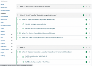 A screenshot of a Canvas modules page in OCCP1104. Each week is split into tasks to be done before and after class, discussion boards are made available for student connection and work, and the purpose of each page is clearly described. 