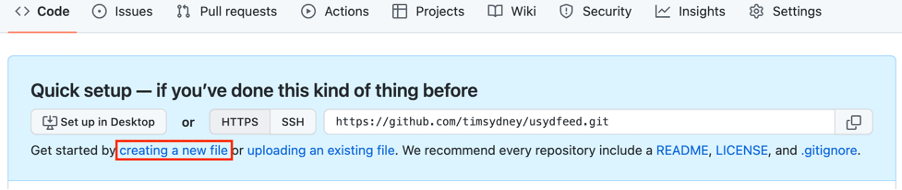 The quick setup option for creating Github files. 