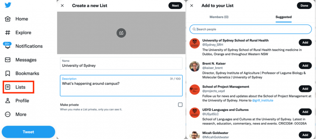A series of screenshots showing the selection of the 'List' option on the Twitter menu, filling in a list's description, and adding accounts to the newly-created list. 