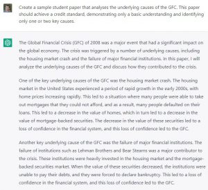 ChatGPT response to a prompt asking it to generate a sample student paper to analyse the causes of the GFC.