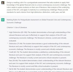 ChatGPT response to a prompt asking it to generate a marking rubric for a postgraduate assessment.