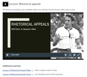 Screenshot of Canvas site for a lecture on rhetorical appeals. The lecture slides and recording are embedded on the page and includes options to download the slides with notes or download the text in Word.