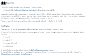 Screenshot from Canvas site shows subheading "Readings". Underneath is information about the required reading, followed by reading tips and alternative texts that offer more or less challenge for the student.