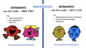 Example of a Mentimeter polling slide showing two separate polls, one for extraverts and another for introverts