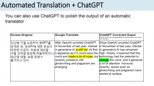 Slide comparing translation abilities of Google Translate and ChatGPT corrections