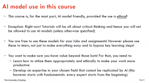 Slide of unit guidelines for use, including ethical use and exceptions. Emphasise that students can add value beyond the AI