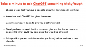 Activity slide, asking students to use ChatGPT to generate and critique responses to topics they know well