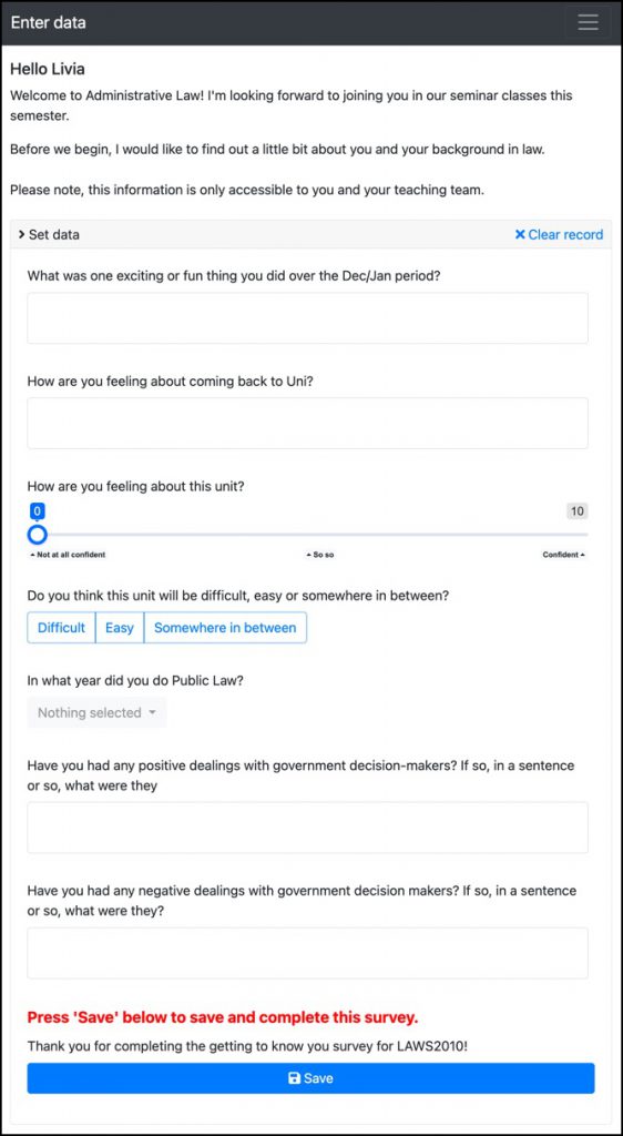 An SRES column asking students questions about how prepared they feel for LAWS2010, about their holidays, and about their personal experiences with the law related to the unit.