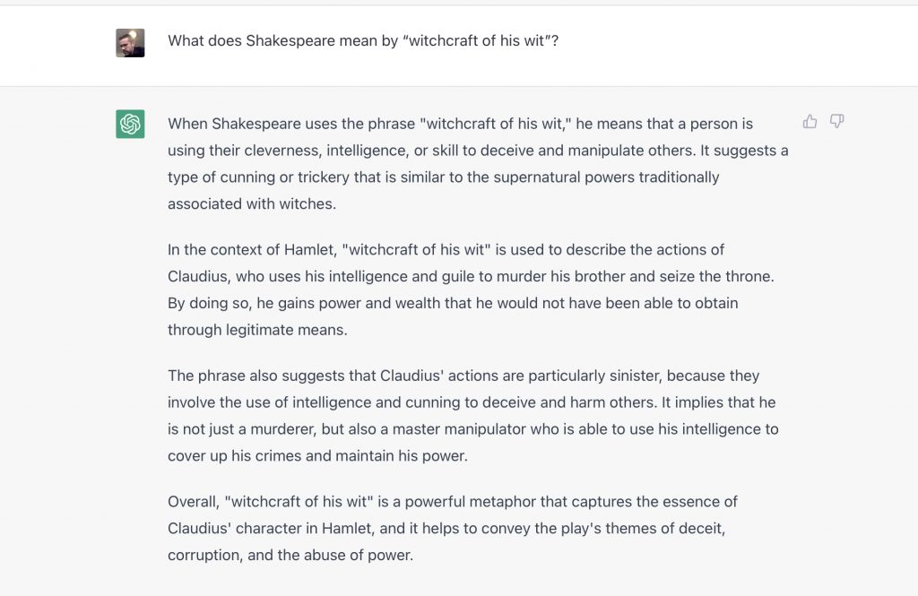 Screenshot of ChatGPT being asked to explain what Shakespeare meant by 'witchcraft of his wit'