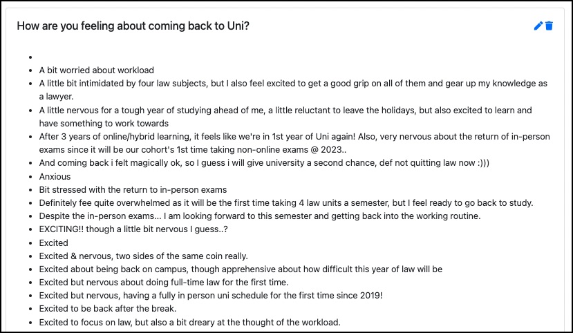 Student responses about returning to uni. Some students are worried about the workload and nervous about the unit, but many are really excited about coming back to campus after years of remote learning, 