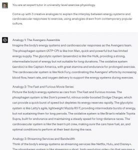 Screenshot of ChatGPT prompt and completion about generating analogies.