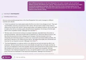 Screenshot of Bing Chat in creative mode with prompt and completion about different perspectives on the great resignation