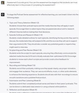 Screenshot of ChatGPT follow-up prompt and completion to expand on an assessment design to suggest scaffolding techniques