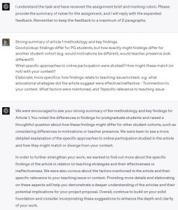 Screenshot of ChatGPT prompts and completions to improve feedback