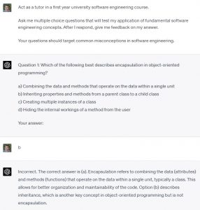 Screenshot of ChatGPT asking students MCQs and giving feedbacl