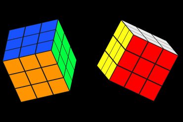 Two illustrations of two Rubiks cubes that are completed and in different positions. Both are suspended in space on a black background. The cube on the left shows its blue, orange and green face. The cube on the righ shows its yellow, white and red face.