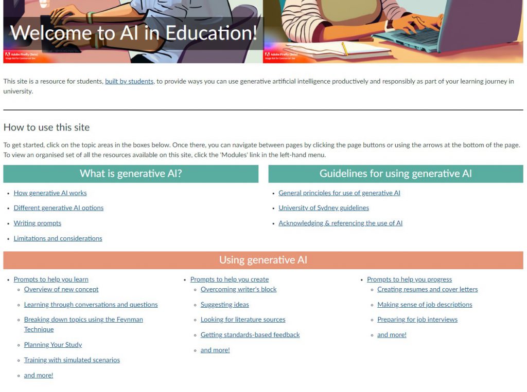 Screenshot of homepage of AI resource, showing three key sections: what is generative AI, guidelines for using generative AI, and using generative AI