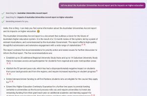Prompt and completion on the Universities Accord in Bing Chat, showing that it searches the internet.