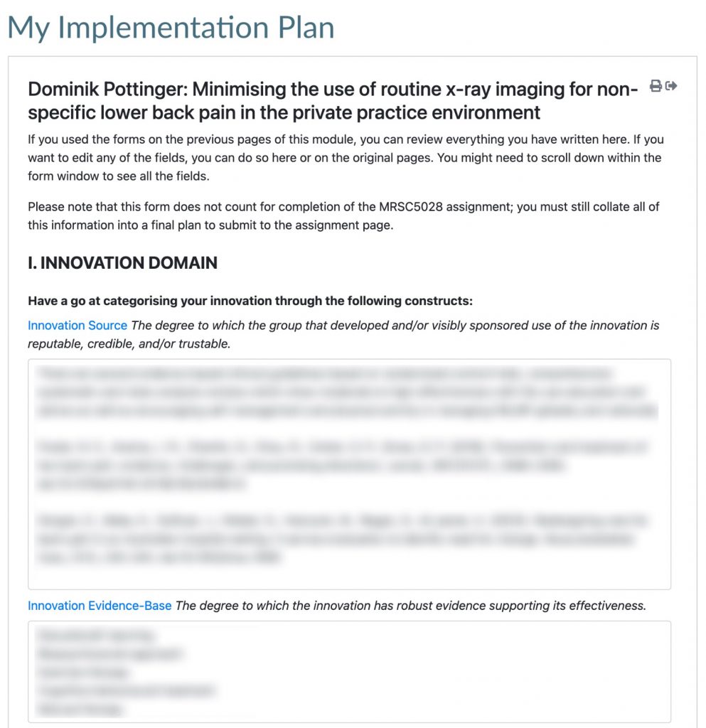 Blurred screenshot of an implementation plan for a student with a project about minimising the use of x-ray imaging in private practice. 