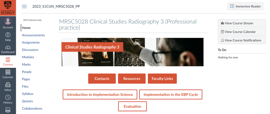 The MRSC5028 homepage includes a banner image of a radiographer reading x-rays, and red and white buttons directing students to course content.