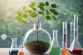 Firefly biology learning spaces; tree growing in rotund beaker concept with lab glassware background copy