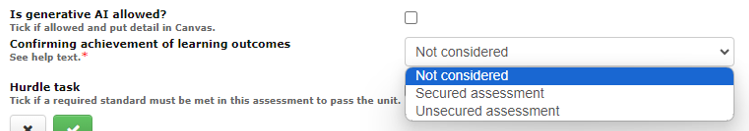 Screenshot of 'AI allowed' checkbox and assessment security dropdown