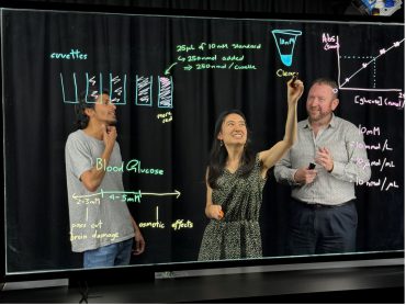 Dhruv, Alice, and Matt standing behind the lightboard. Alice is illustrating a biology concept while Druv and Matt watch on.