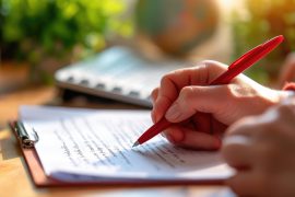 Person's hand is shown writing corrections on a printed document with a red pen, with a keyboard and a globe in the blurred background