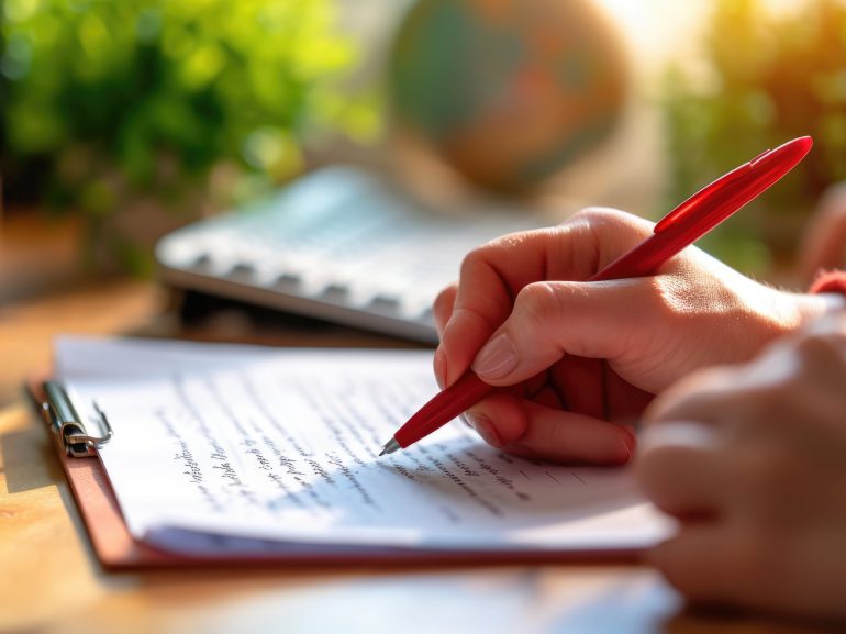 Person's hand is shown writing corrections on a printed document with a red pen, with a keyboard and a globe in the blurred background