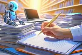 A hand holding a pen ready to mark a large pile of reports with a robot and laptop in the background