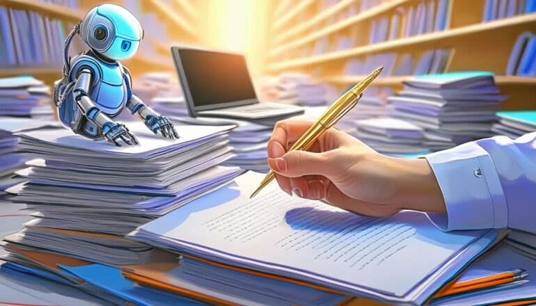 A hand holding a pen ready to mark a large pile of reports with a robot and laptop in the background