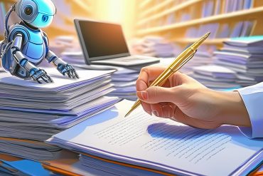 A hand holding a pen ready to mark a large pile of reports with a robot and laptop in the background