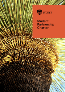 The front cover of the Student Partnership Charter is a close-up image of a Gadi tree with the University of Sydney crest and the title Student Partnership Charter