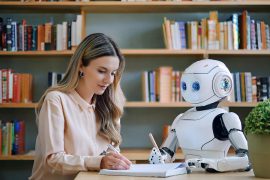 Student writing an assignment in the library, collaboratively with a robot.